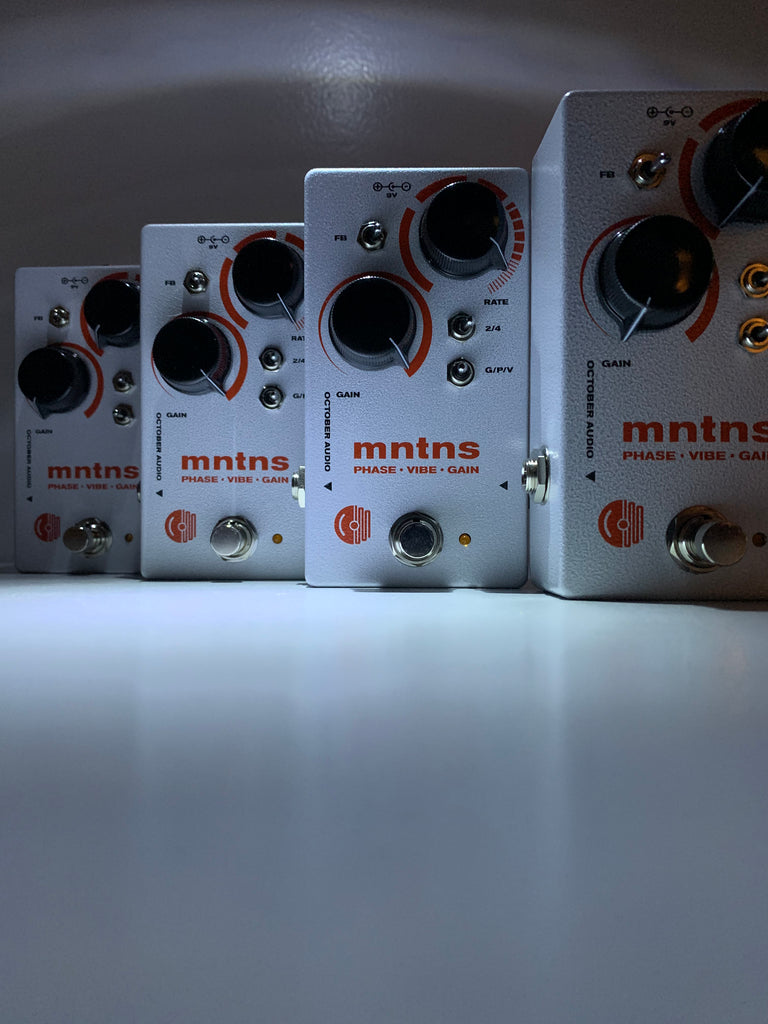 mntns - phaser guitar effects pedal all lined up in a row